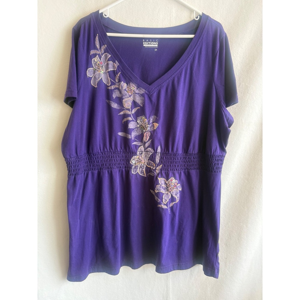 Basic Editions Purple Floral Sequin V-Neck Smocked Empire Waist Top 2X